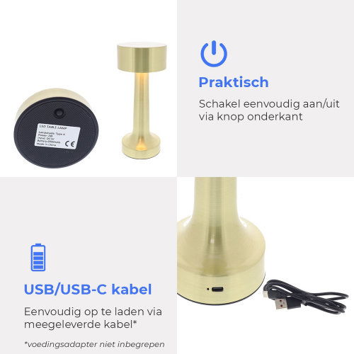 Emilie Tafellamp Goud - oplaadbaar - USB C - warm wit - 2700K - dimbaar