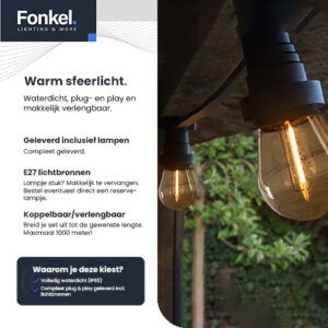 10m Arena platte LED Prikkabel - IP65 Lichtsnoer Buiten - koppelbaar - inclusief 10x E27 lampen