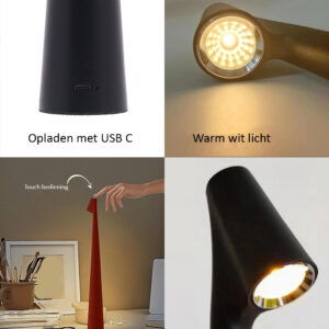 Design LED Tafellamp Oplaadbaar zwart - Tafellamp zonder snoer - Bureaulamp Oplaadbaar - USB-C - Draadloze Lamp 34cm Dimbaar